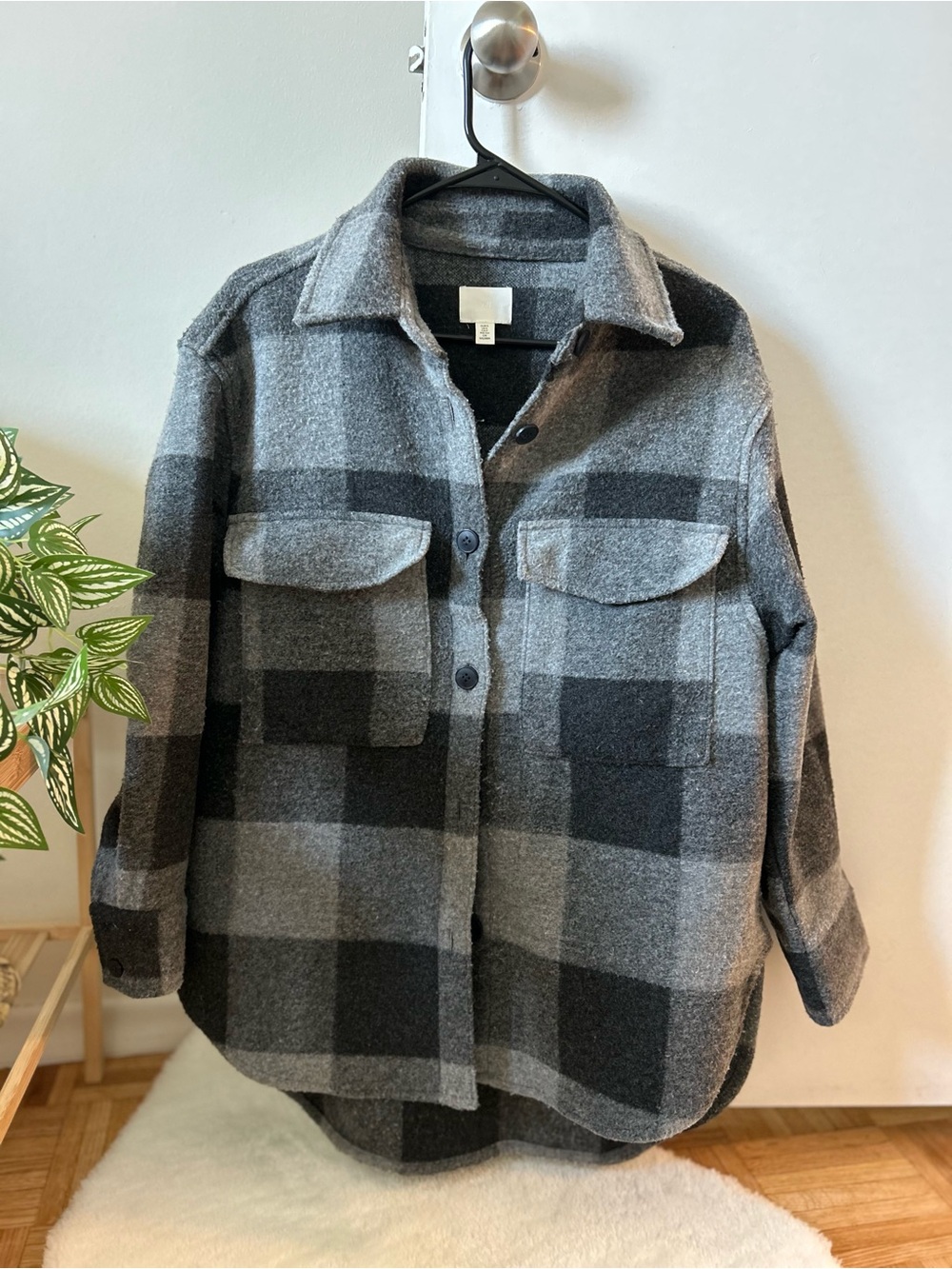 H&M Gray and Black Plaid Wool-Blend Shacket